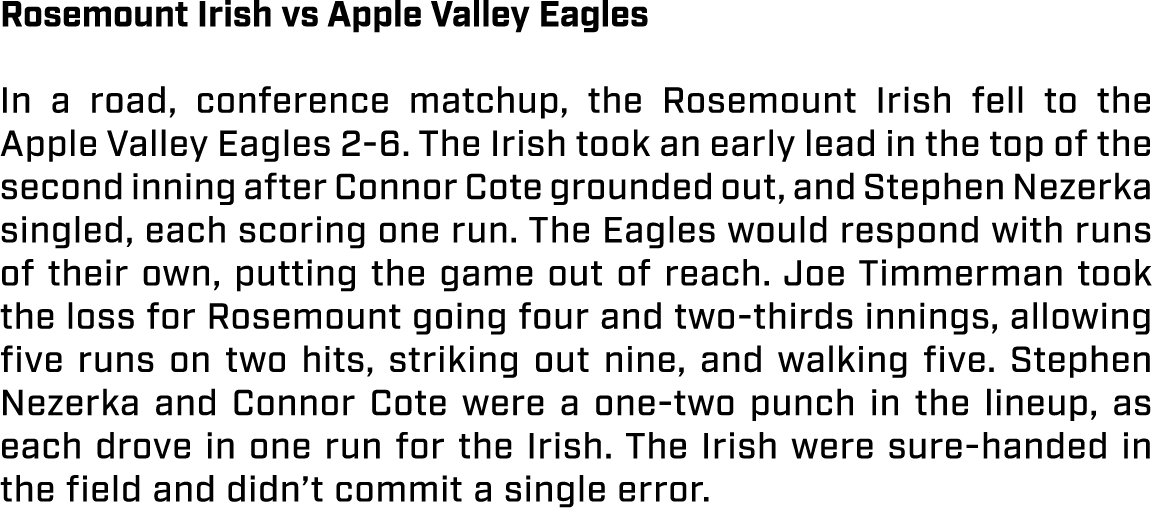 Rosemount Irish vs Apple Valley Eagles In a road, conference matchup, the Rosemount Irish fell to the Apple Valley Ea...