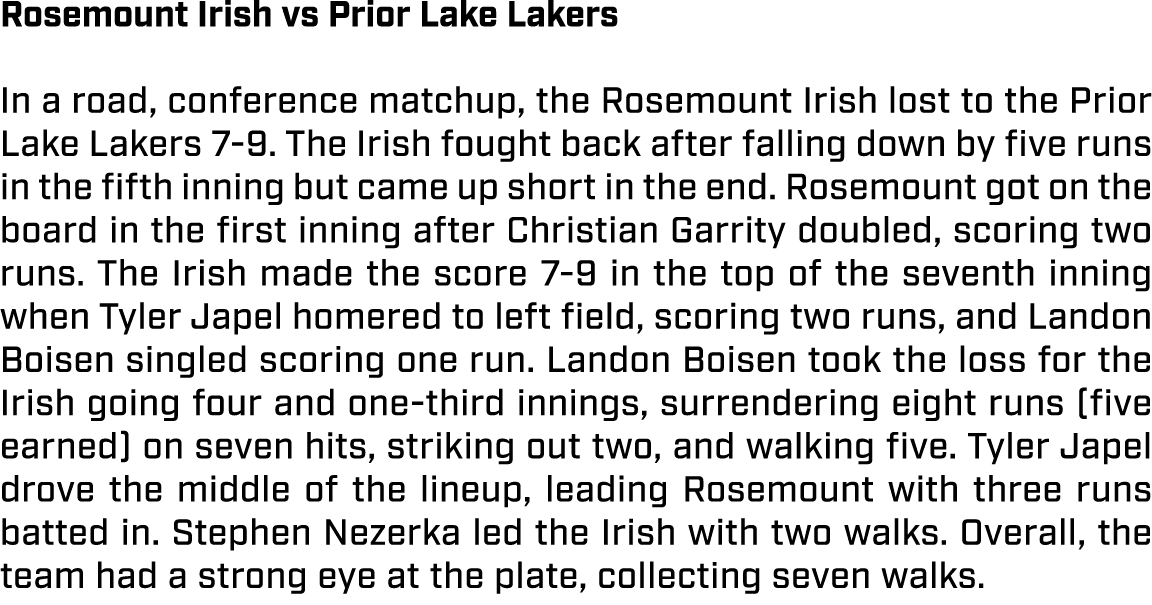 Rosemount Irish vs Prior Lake Lakers In a road, conference matchup, the Rosemount Irish lost to the Prior Lake Lakers...