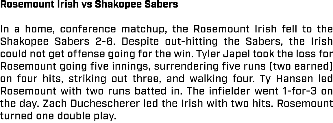 Rosemount Irish vs Shakopee Sabers In a home, conference matchup, the Rosemount Irish fell to the Shakopee Sabers 2 6...