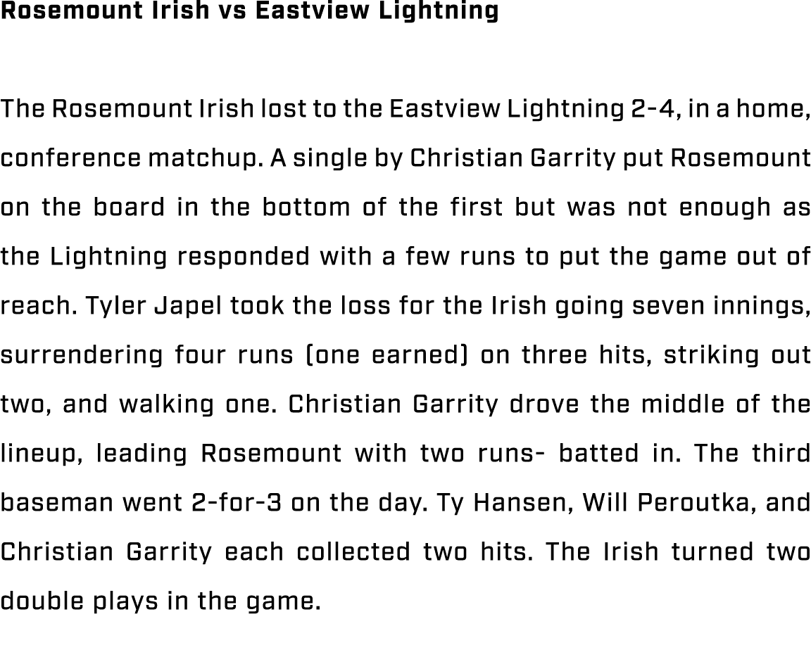 Rosemount Irish vs Eastview Lightning The Rosemount Irish lost to the Eastview Lightning 2 4, in a home, conference m...