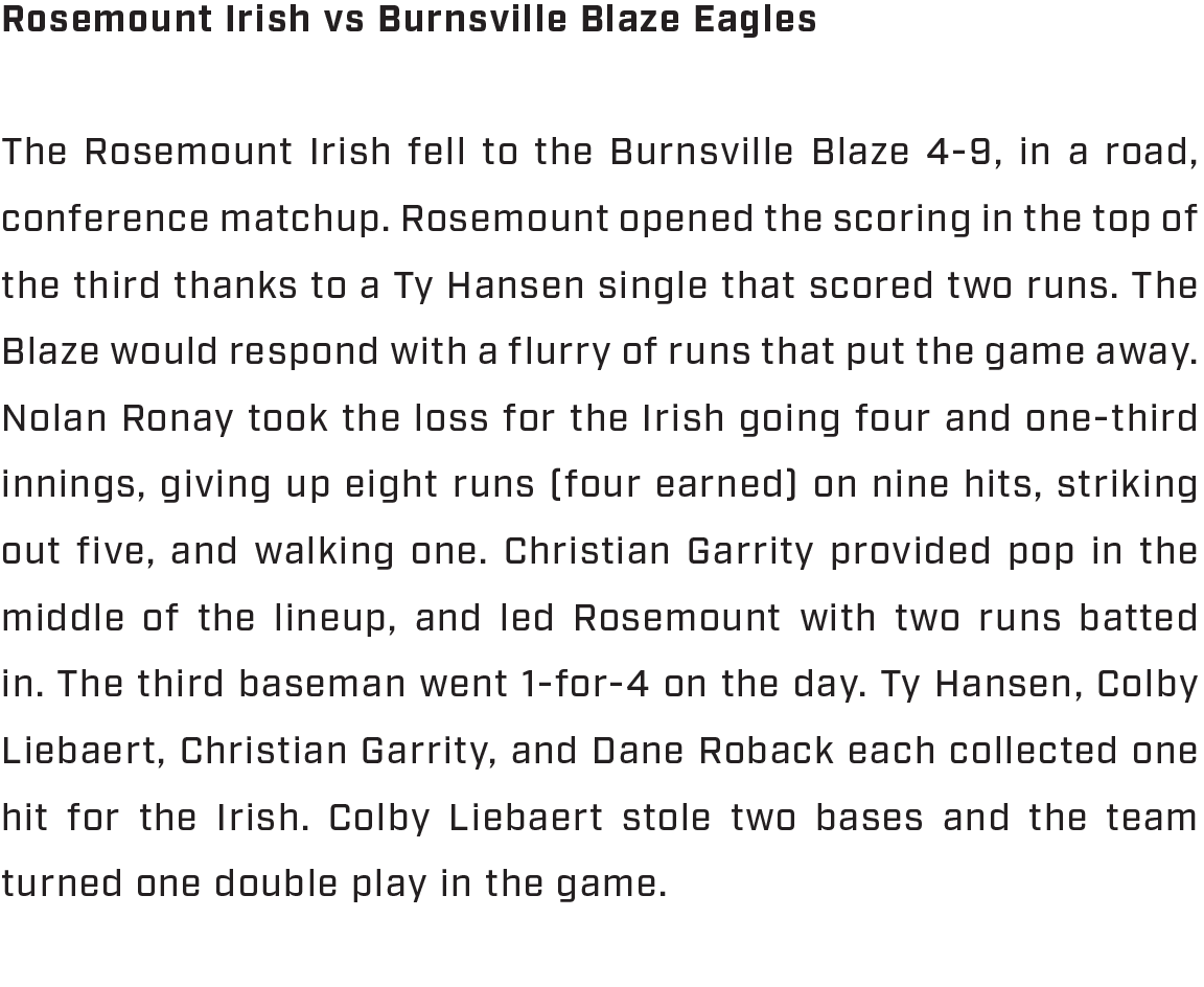 Rosemount Irish vs Burnsville Blaze Eagles The Rosemount Irish fell to the Burnsville Blaze 4 9, in a road, conferenc...