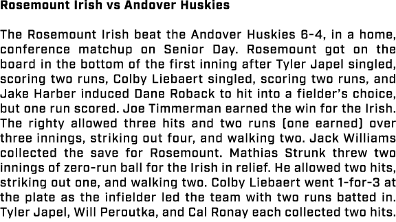 Rosemount Irish vs Andover Huskies The Rosemount Irish beat the Andover Huskies 6 4, in a home, conference matchup on...