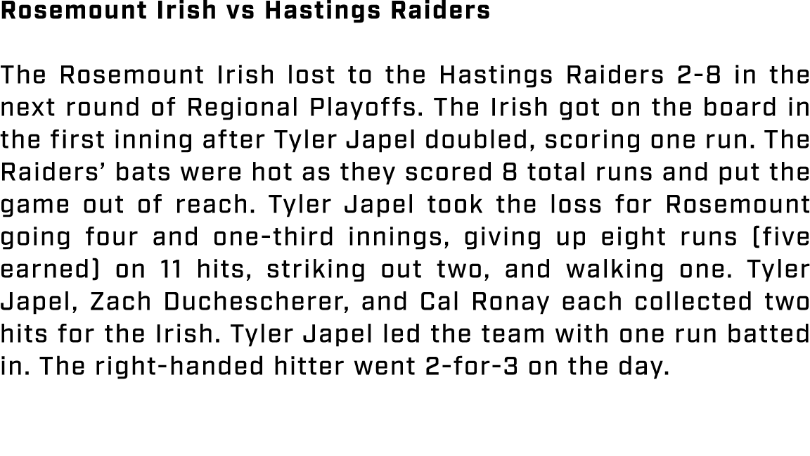 Rosemount Irish vs Hastings Raiders The Rosemount Irish lost to the Hastings Raiders 2 8 in the next round of Regiona...