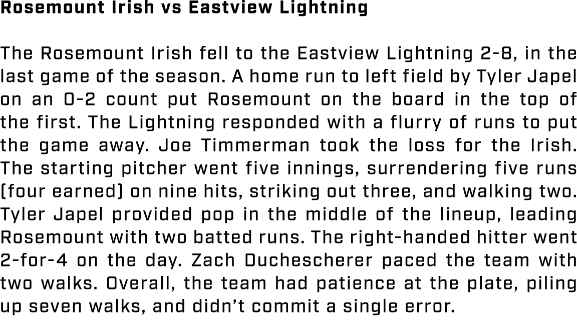 Rosemount Irish vs Eastview Lightning The Rosemount Irish fell to the Eastview Lightning 2 8, in the last game of the...