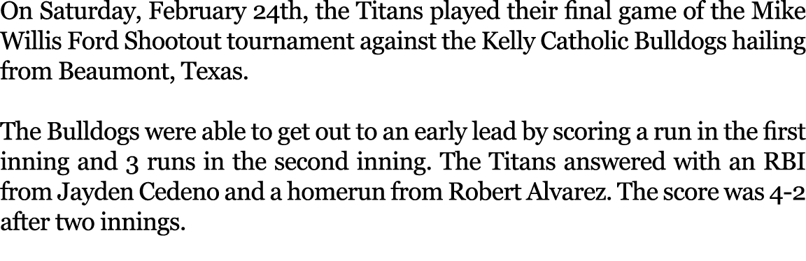 On Saturday, February 24th, the Titans played their final game of the Mike Willis Ford Shootout tournament against th...