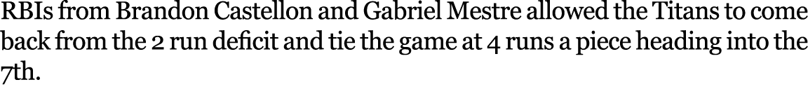 RBIs from Brandon Castellon and Gabriel Mestre allowed the Titans to come back from the 2 run deficit and tie the gam...