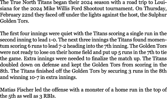 The True North Titans began their 2024 season with a road trip to Louisiana for the 2024 Mike Willis Ford Shootout to...