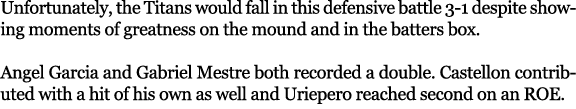 Unfortunately, the Titans would fall in this defensive battle 3 1 despite showing moments of greatness on the mound a...