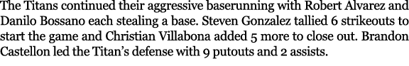 The Titans continued their aggressive baserunning with Robert Alvarez and Danilo Bossano each stealing a base. Steven...