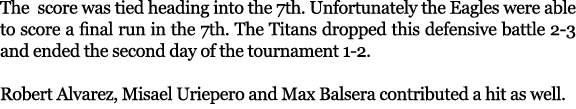 The score was tied heading into the 7th. Unfortunately the Eagles were able to score a final run in the 7th. The Tita...