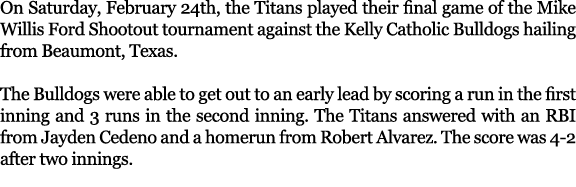 On Saturday, February 24th, the Titans played their final game of the Mike Willis Ford Shootout tournament against th...