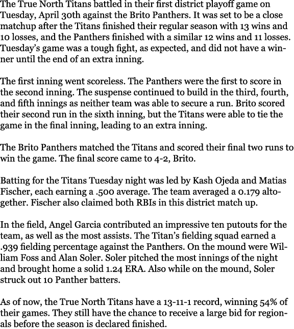 The True North Titans battled in their first district playoff game on Tuesday, April 30th against the Brito Panthers....