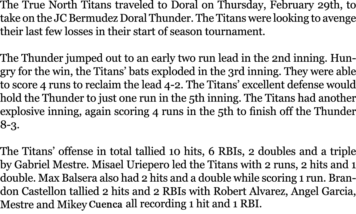 The True North Titans traveled to Doral on Thursday, February 29th, to take on the JC Bermudez Doral Thunder. The Tit...