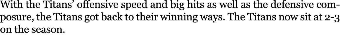 With the Titans’ offensive speed and big hits as well as the defensive composure, the Titans got back to their winnin...