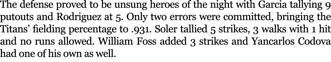 The defense proved to be unsung heroes of the night with Garcia tallying 9 putouts and Rodriguez at 5. Only two error...