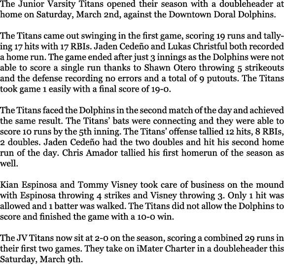 The Junior Varsity Titans opened their season with a doubleheader at home on Saturday, March 2nd, against the Downtow...