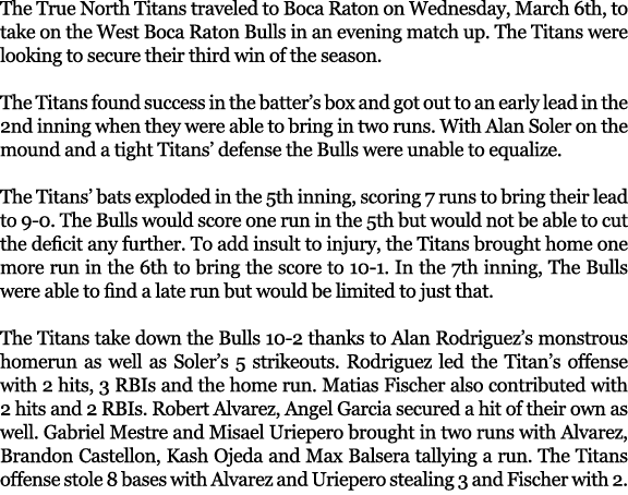 The True North Titans traveled to Boca Raton on Wednesday, March 6th, to take on the West Boca Raton Bulls in an even...