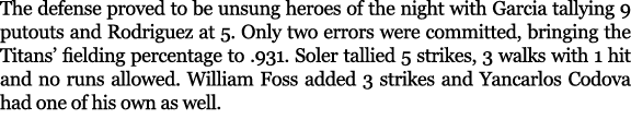 The defense proved to be unsung heroes of the night with Garcia tallying 9 putouts and Rodriguez at 5. Only two error...