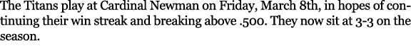 The Titans play at Cardinal Newman on Friday, March 8th, in hopes of continuing their win streak and breaking above ....