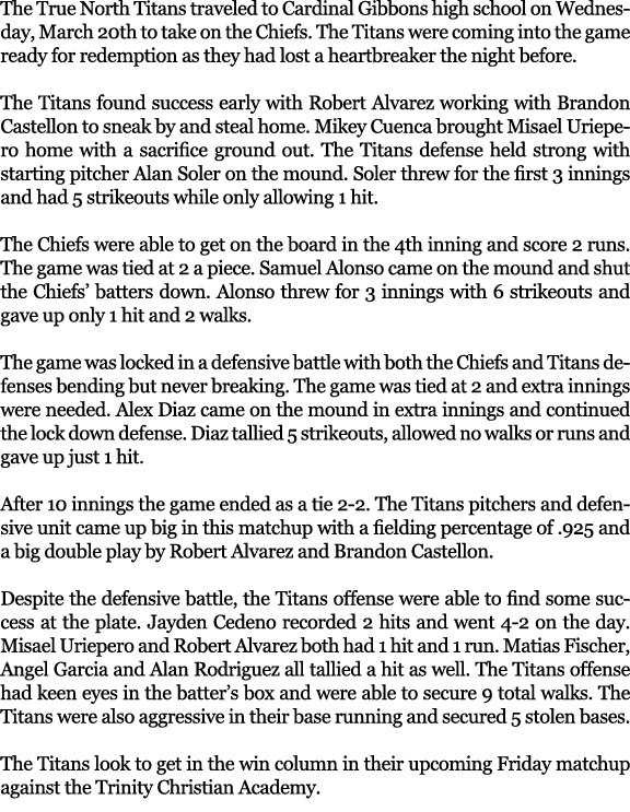 The True North Titans traveled to Cardinal Gibbons high school on Wednesday, March 20th to take on the Chiefs. The Ti...