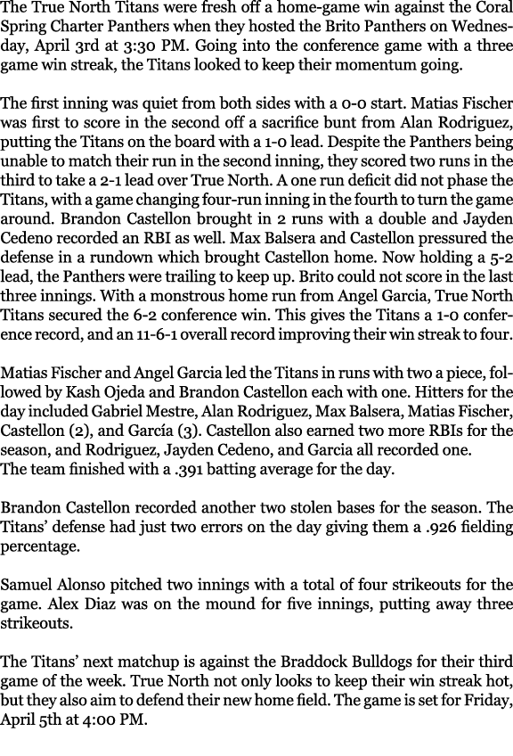 The True North Titans were fresh off a home game win against the Coral Spring Charter Panthers when they hosted the B...