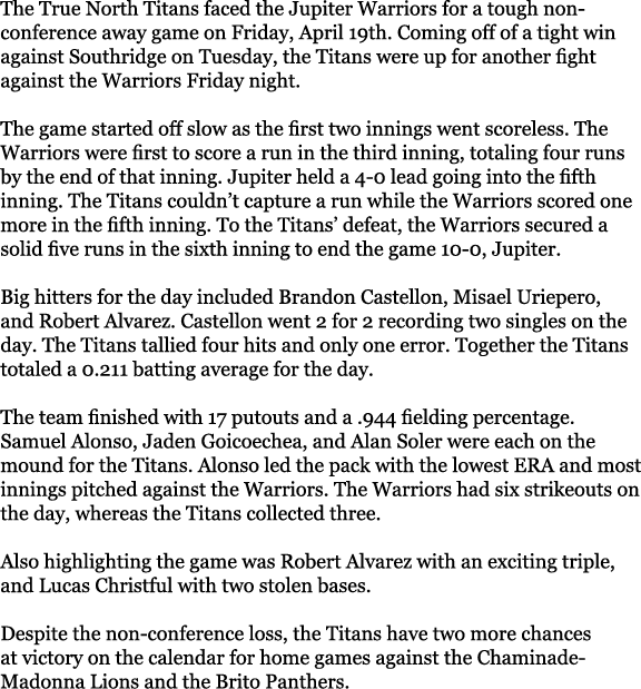 The True North Titans faced the Jupiter Warriors for a tough non-conference away game on Friday, April 19th. Coming o...