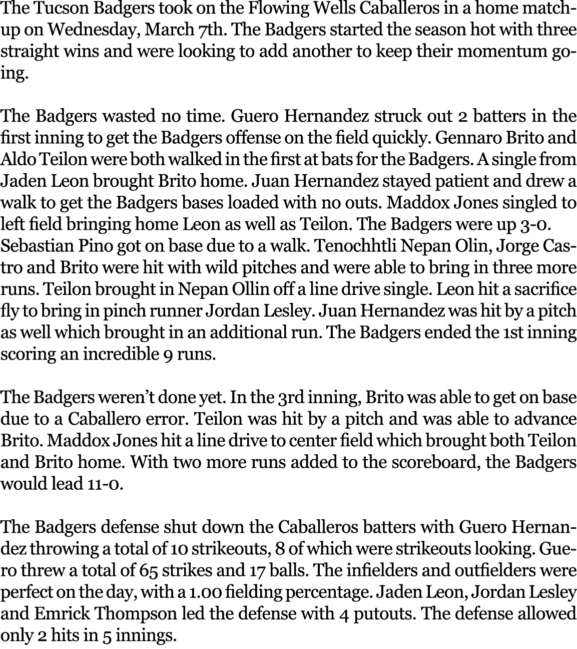 The Tucson Badgers took on the Flowing Wells Caballeros in a home matchup on Wednesday, March 7th. The Badgers starte...