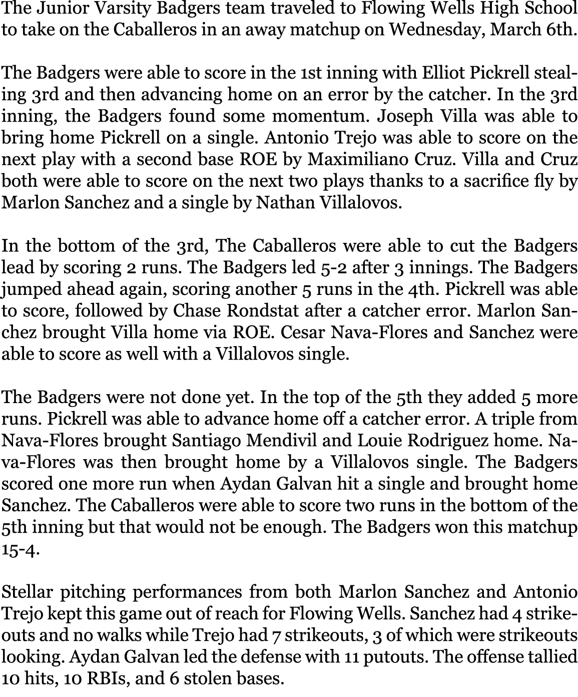 The Junior Varsity Badgers team traveled to Flowing Wells High School to take on the Caballeros in an away matchup on...