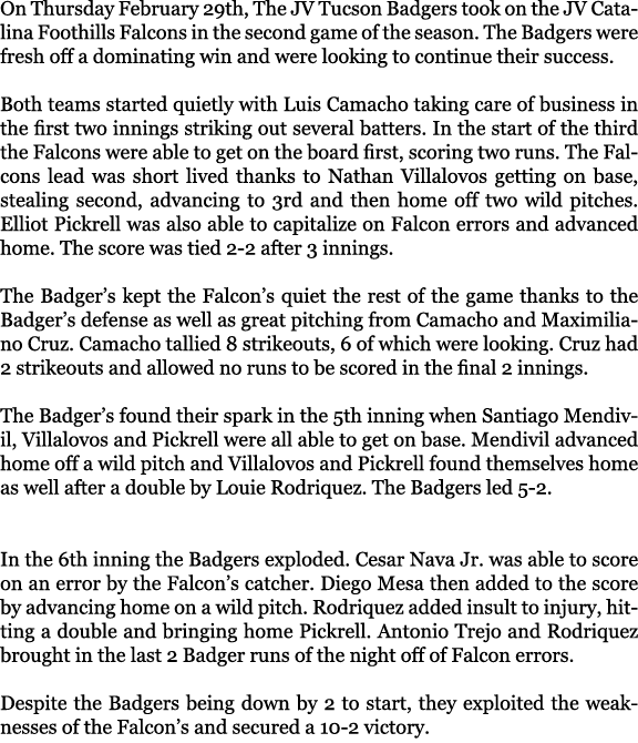 On Thursday February 29th, The JV Tucson Badgers took on the JV Catalina Foothills Falcons in the second game of the ...