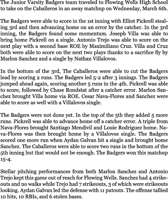 The Junior Varsity Badgers team traveled to Flowing Wells High School to take on the Caballeros in an away matchup on...