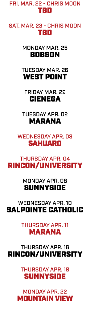 FRI. mar. 22 CHRIS MOON TBD SAT. mar. 23 CHRIS MOON TBD monday mar. 25 bobson tuesday mar. 26 west point friday mar. ...