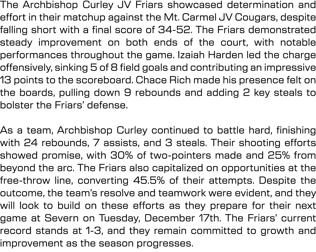 The Archbishop Curley JV Friars showcased determination and effort in their matchup against the Mt. Carmel JV Cougars...
