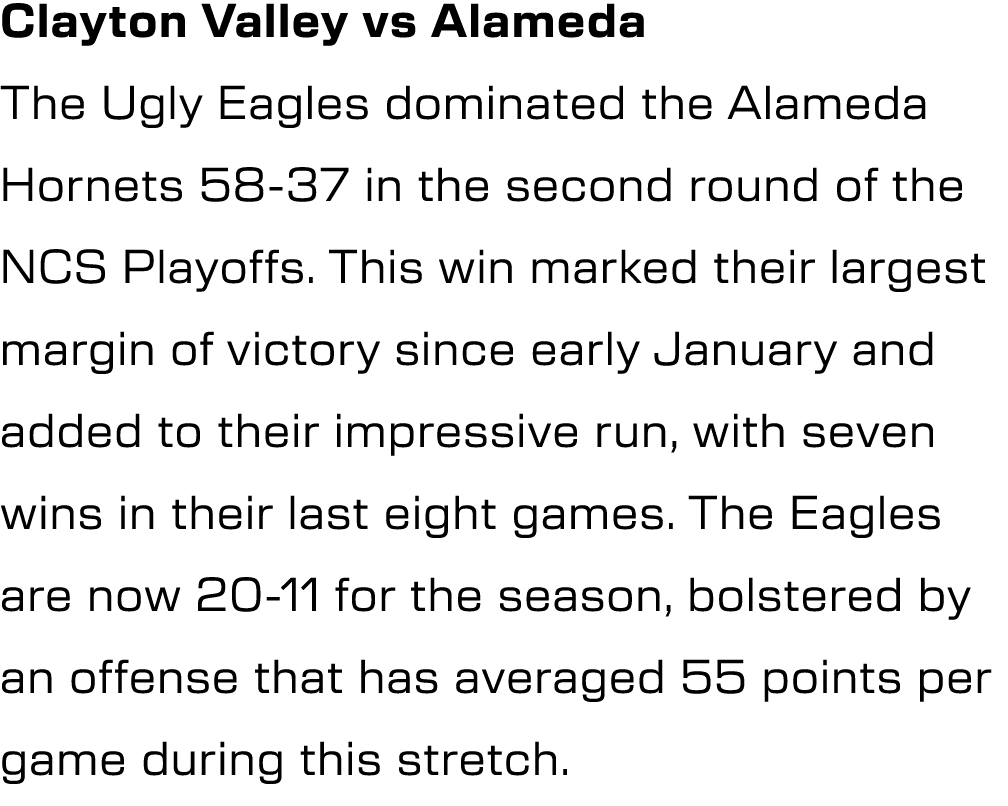 Clayton Valley vs Alameda The Ugly Eagles dominated the Alameda Hornets 58 37 in the second round of the NCS Playoffs...