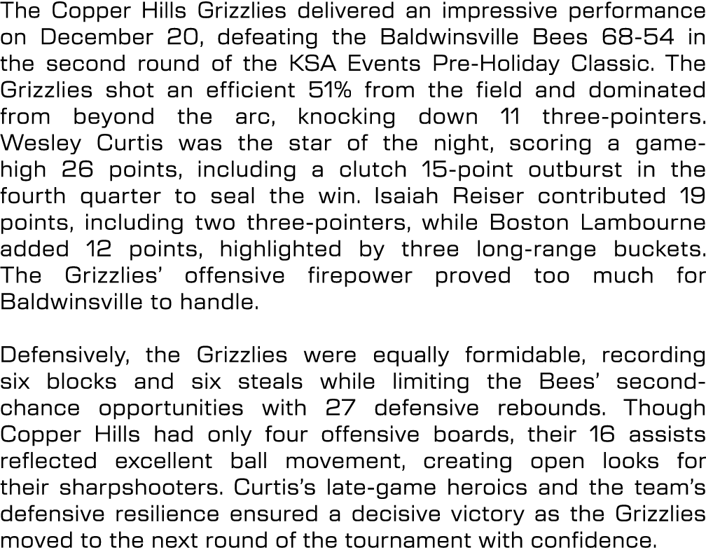 The Copper Hills Grizzlies delivered an impressive performance on December 20, defeating the Baldwinsville Bees 68 54...