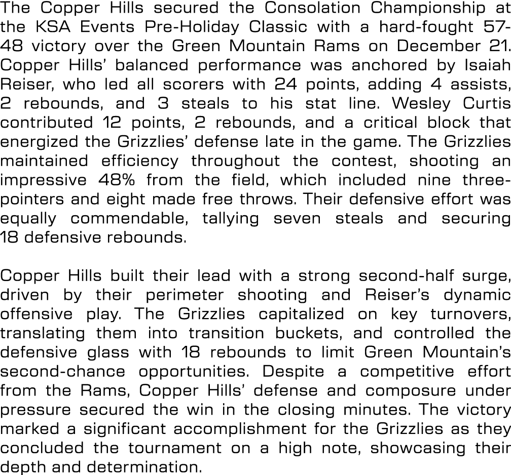 The Copper Hills secured the Consolation Championship at the KSA Events Pre Holiday Classic with a hard fought 57 48 ...