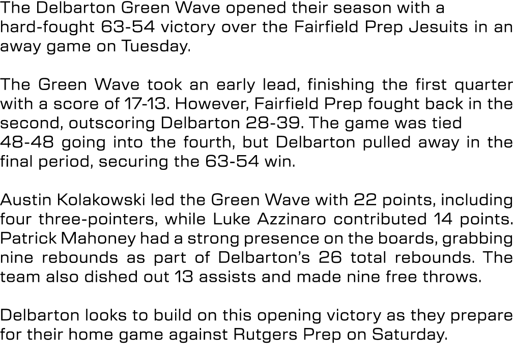 The Delbarton Green Wave opened their season with a hard fought 63 54 victory over the Fairfield Prep Jesuits in an a...