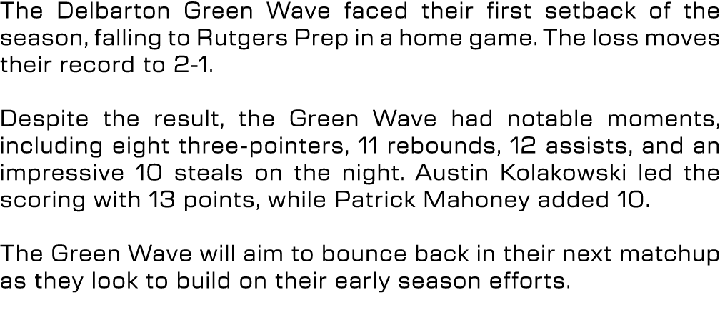 The Delbarton Green Wave faced their first setback of the season, falling to Rutgers Prep in a home game. The loss mo...