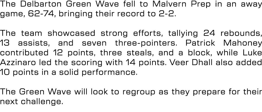 The Delbarton Green Wave fell to Malvern Prep in an away game, 62 74, bringing their record to 2 2. The team showcase...