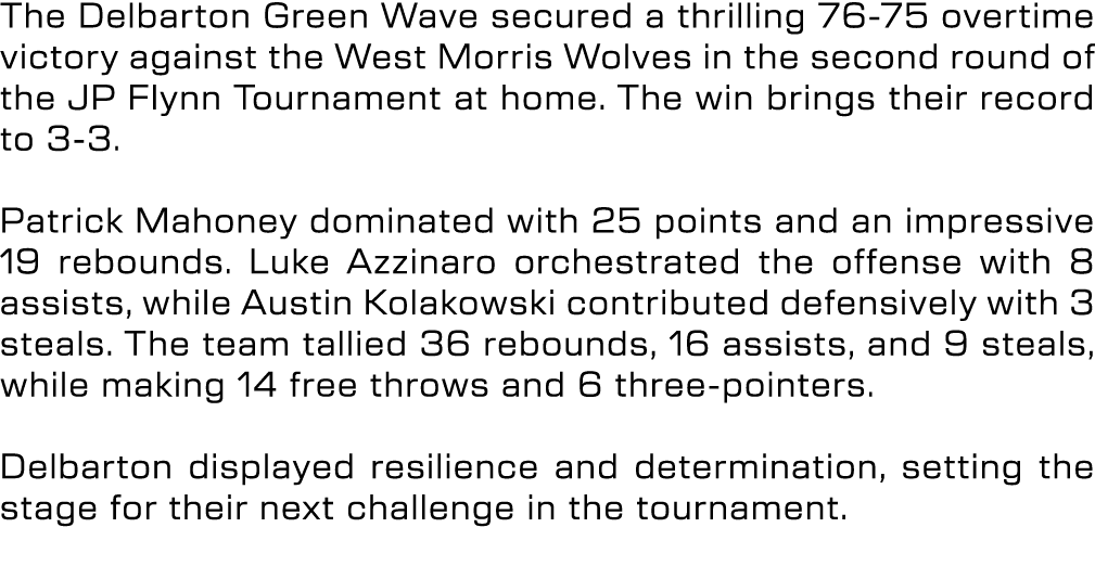 The Delbarton Green Wave secured a thrilling 76 75 overtime victory against the West Morris Wolves in the second roun...