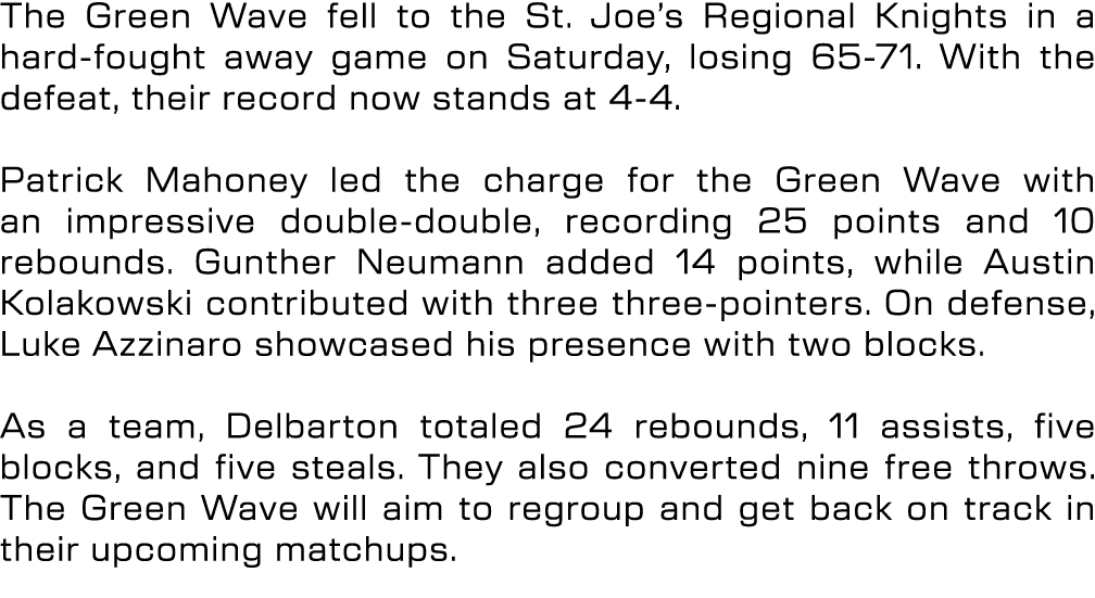 The Green Wave fell to the St. Joe’s Regional Knights in a hard fought away game on Saturday, losing 65 71. With the ...