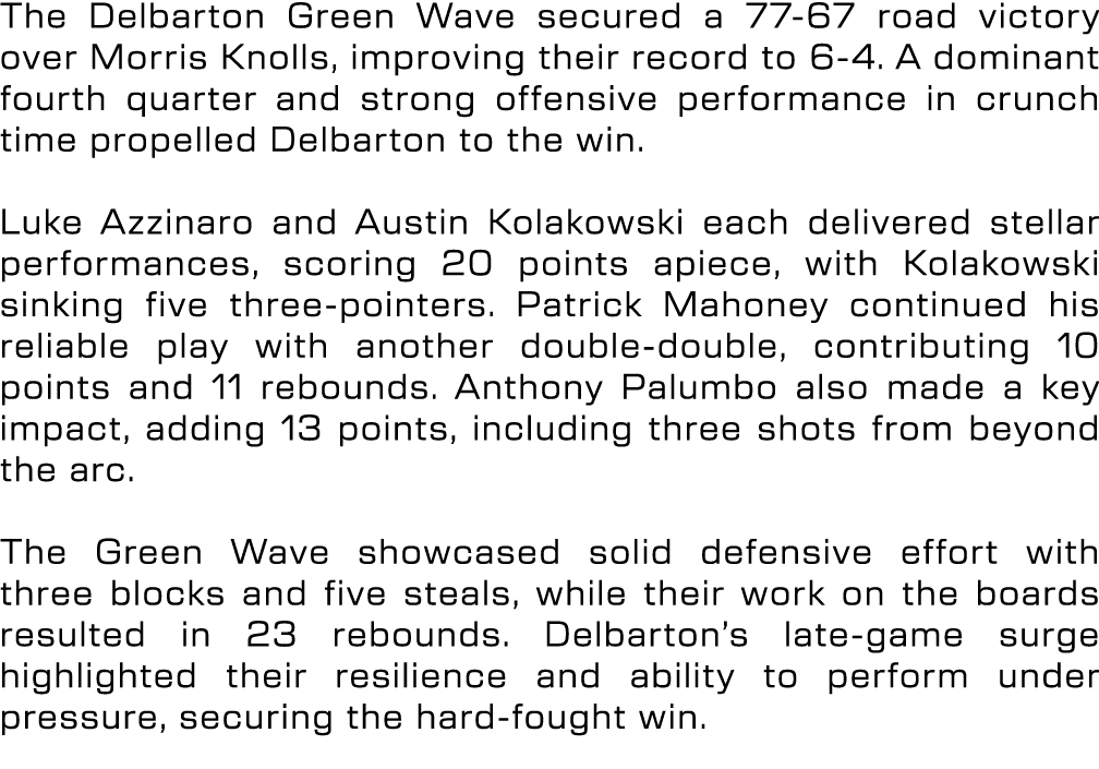 The Delbarton Green Wave secured a 77 67 road victory over Morris Knolls, improving their record to 6 4. A dominant f...