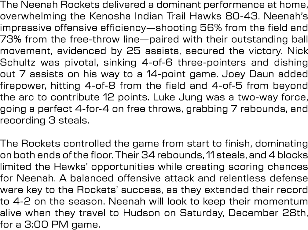 The Neenah Rockets delivered a dominant performance at home, overwhelming the Kenosha Indian Trail Hawks 80 43. Neena...