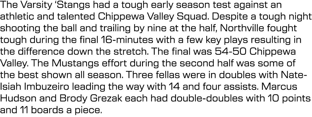 The Varsity ‘Stangs had a tough early season test against an athletic and talented Chippewa Valley Squad. Despite a t...