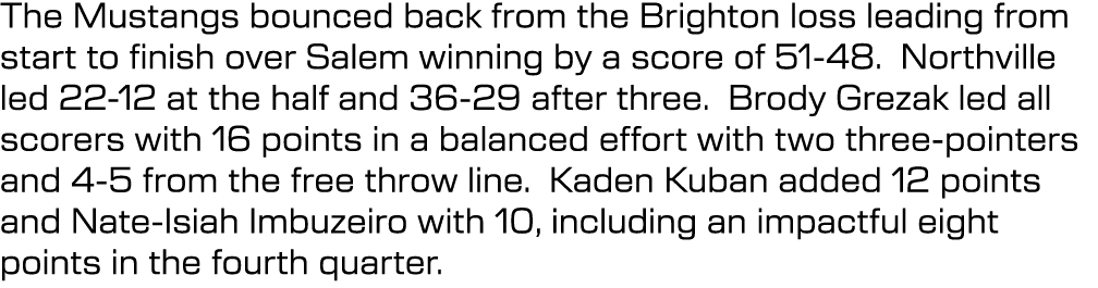 The Mustangs bounced back from the Brighton loss leading from start to finish over Salem winning by a score of 51 48....