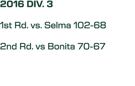 2016 DIV. 3 1st Rd. vs. Selma 102 68 2nd Rd. vs Bonita 70 67