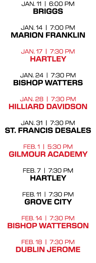 jan. 11 | 6:00 PM briggs jan. 14 | 7:00 PM marion franklin jan. 17 | 7:30 PM hartley jan. 24 | 7:30 PM bishop watters...