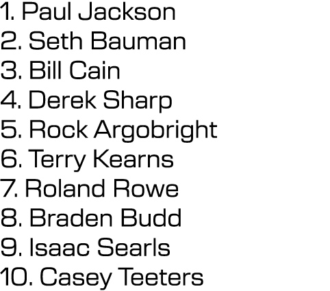 1. Paul Jackson 2. Seth Bauman 3. Bill Cain 4. Derek Sharp 5. Rock Argobright 6. Terry Kearns 7. Roland Rowe 8. Brade...