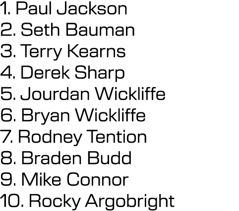 1. Paul Jackson 2. Seth Bauman 3. Terry Kearns 4. Derek Sharp 5. Jourdan Wickliffe 6. Bryan Wickliffe 7. Rodney Tenti...