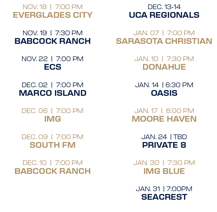 dec. 13 14 uca regionals jan. 07 | 7:00 PM sarasota christian jan. 10 | 7:30 PM donahue jan. 14 | 6:30 PM oasis jan. ...