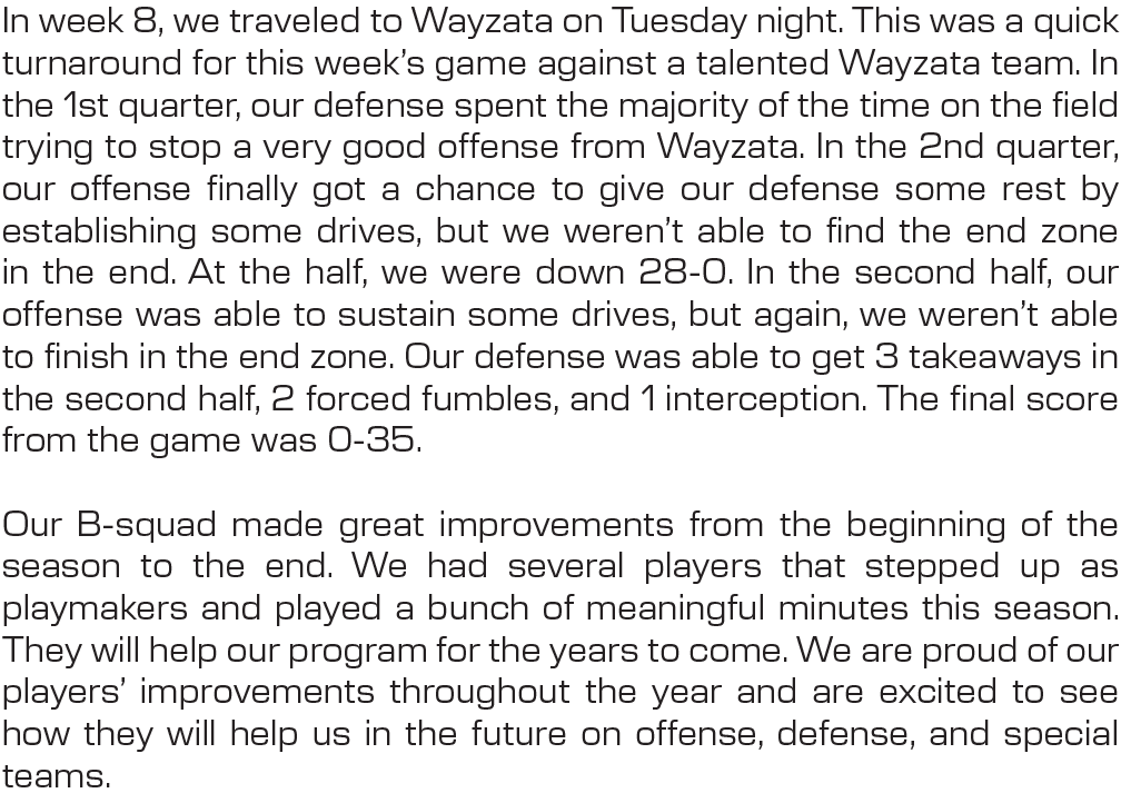 In week 8, we traveled to Wayzata on Tuesday night. This was a quick turnaround for this week’s game against a talent...